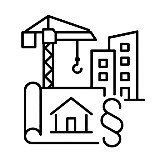 Icon für Bau- und Architektenrecht mit Baukran, Gebäude, Bauplan und Paragraphenzeichen